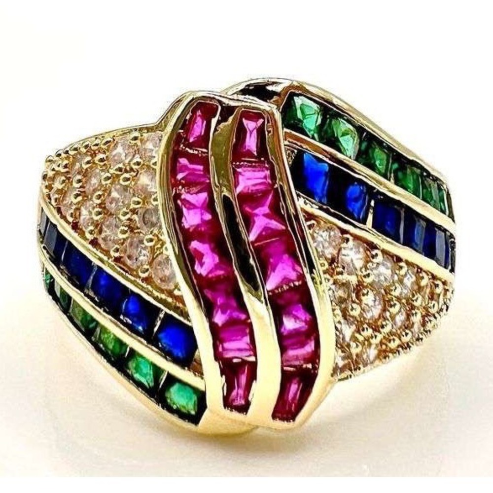 14k Gold Plated Gem Cocktail Ring – Simulated Ruby Sapphire Emerald & Diamond